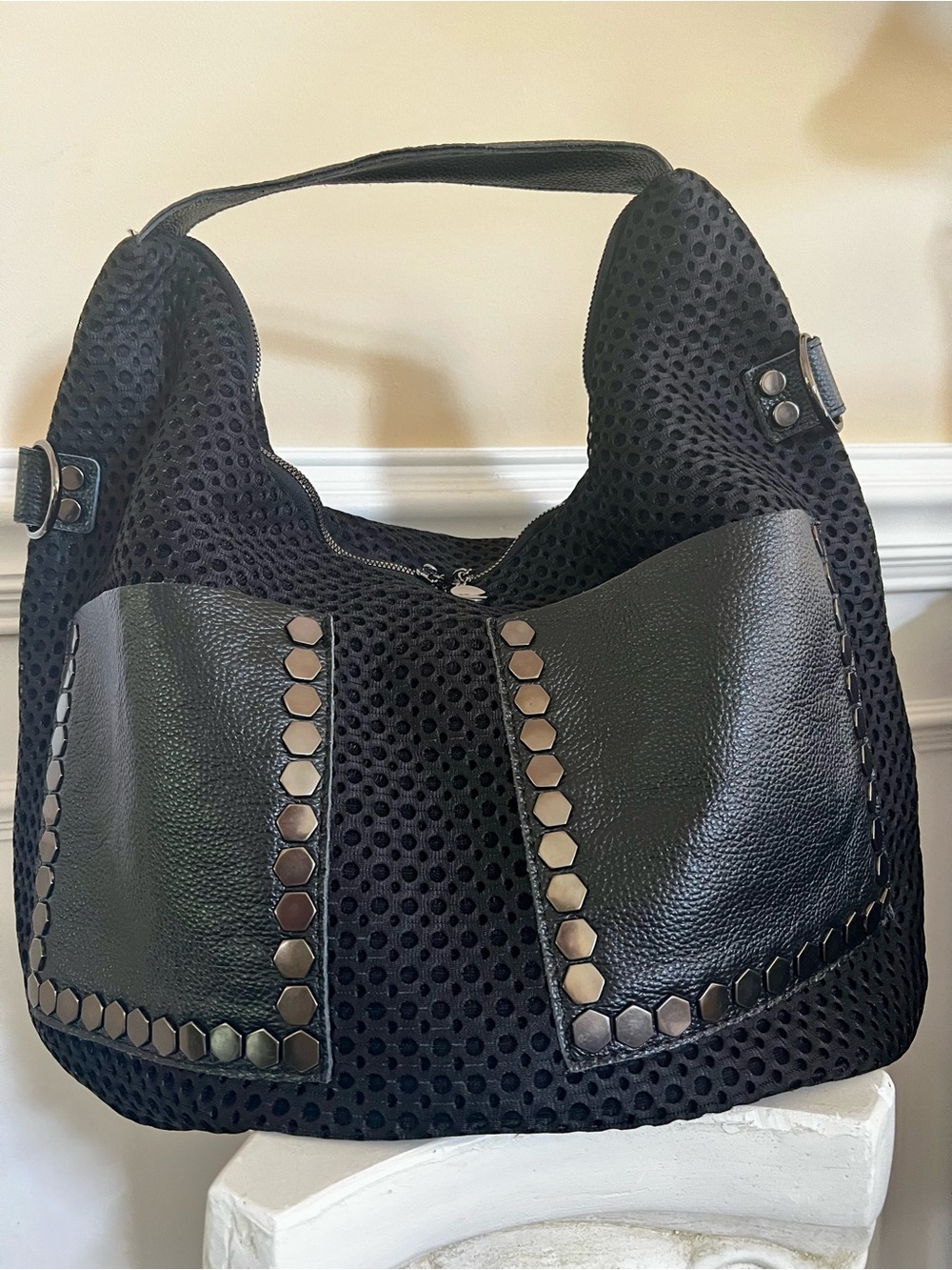 Retro Rivets Woven Mesh & Leather Black Stud-Trim Large Hobo/Tote Black Bag.